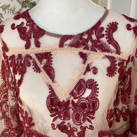 Minkpink Embroidered Sheer Mesh Top Pink Tulle Burgundy Trim Bell Sleeves Size S - Picture 6 of 14